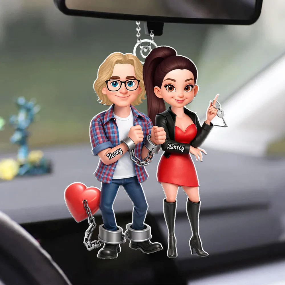 Unique Creative Gift For Couples – Funny Cartoon Couple Acrylic Car Hanger With Handcuffed Love Design