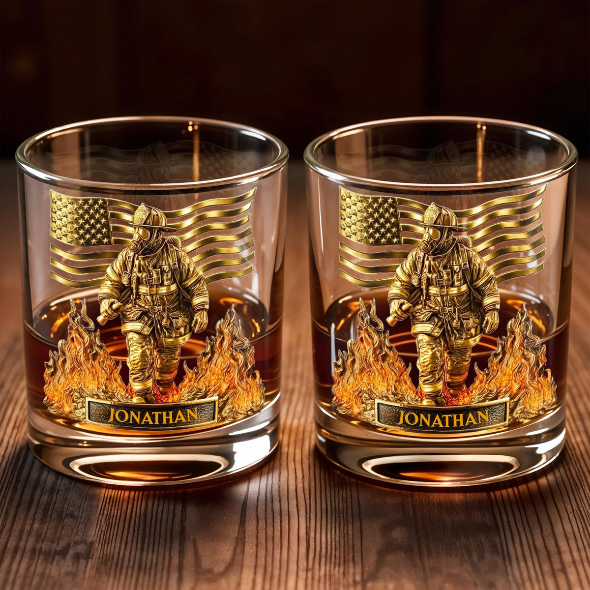 Personalized Firefighter & American Flag Whiskey Glass – "Celebrate Our Heroes" | Gift For Firefighters