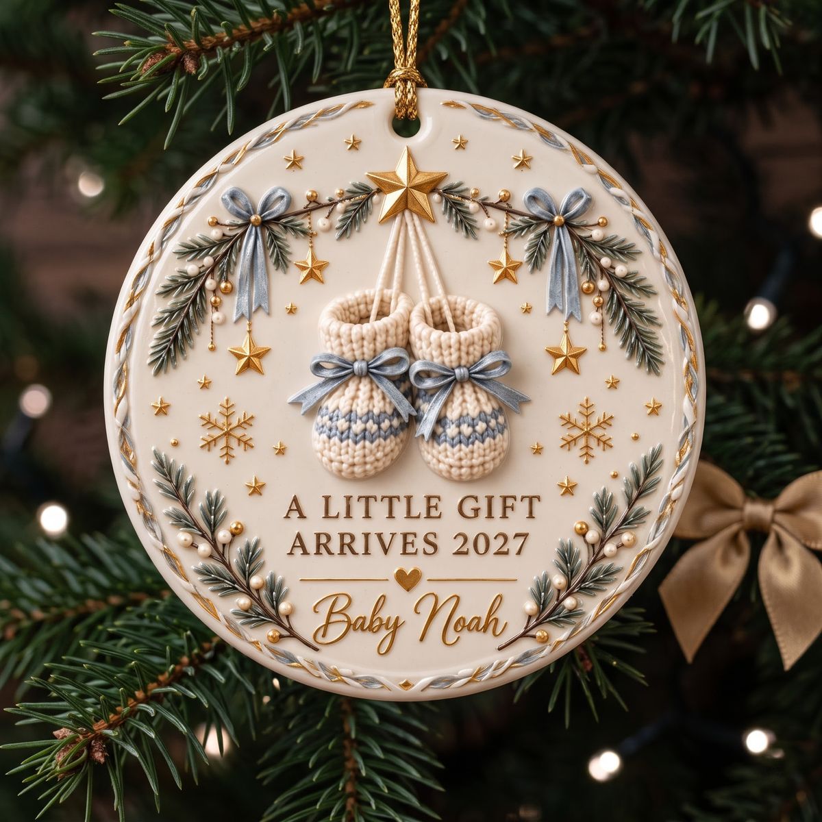 Personalized "A Little Gift Arrives 2027" Ornament – Custom Baby Name Knit Booties Pregnancy Announcement Keepsake In Pink for Christmas