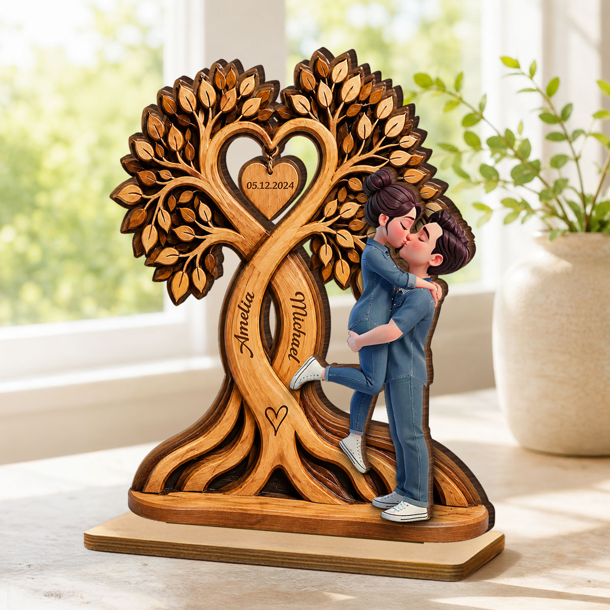 Anniversary Gift For Him & Her – Personalized "Couple Kissing Under Heart Tree"  Wooden Plaque