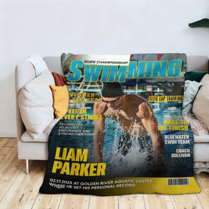 Personalized Swimming Magazine Cover Blanket, Swimming Athlete Gift, Unique Gifts For Swimmers