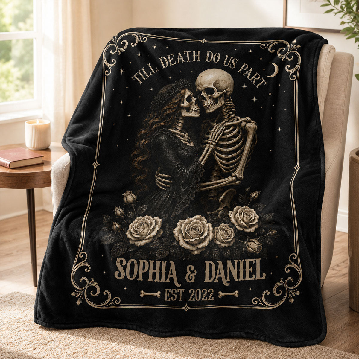 Personalized "Till Death Do Us Part" Skeleton Blanket – Spooky Goth Halloween Gift For Couples