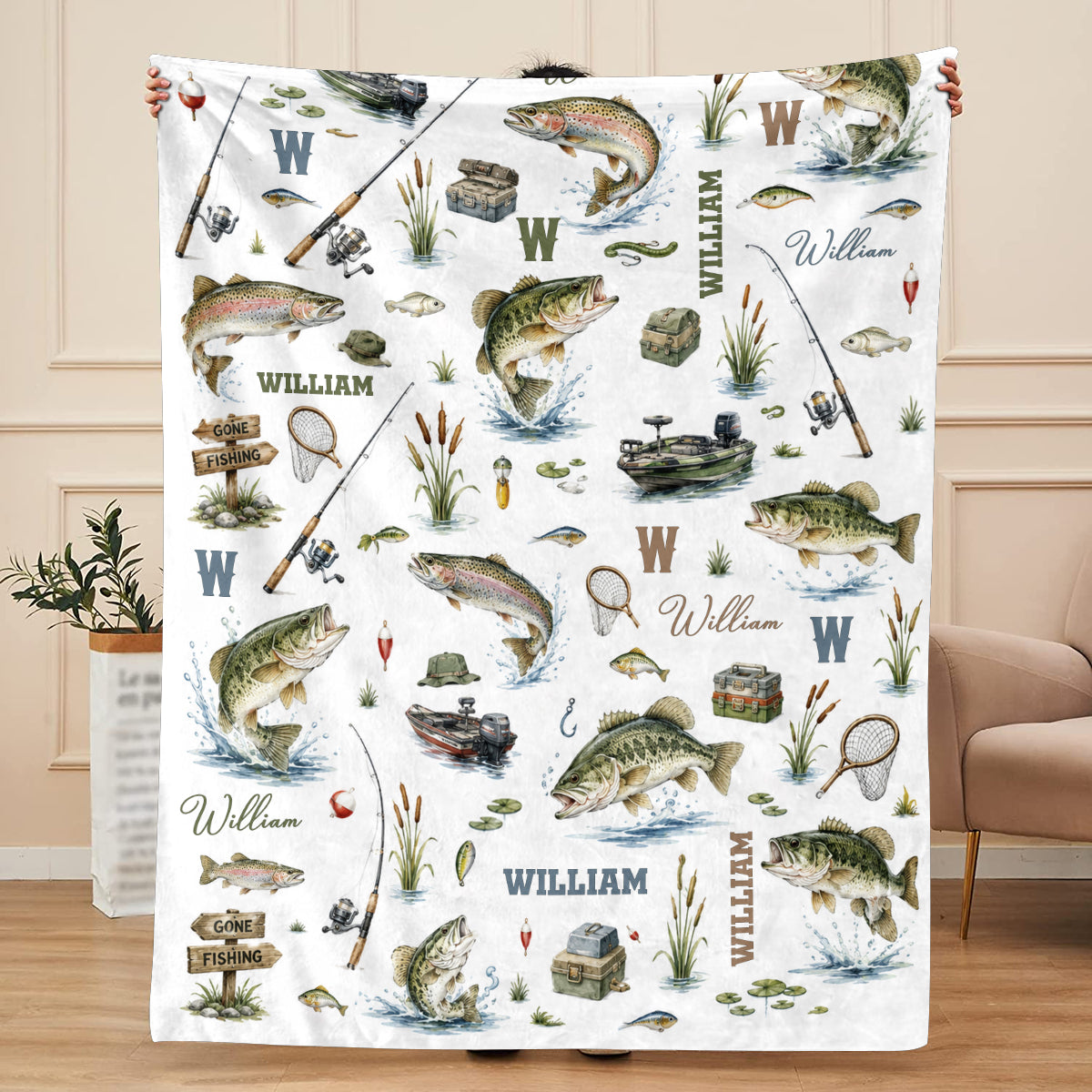 Personalized "Gone Fishing" Blanket – Custom Name Throw For Baby Boy & Toddler | Fish Nursery Decor