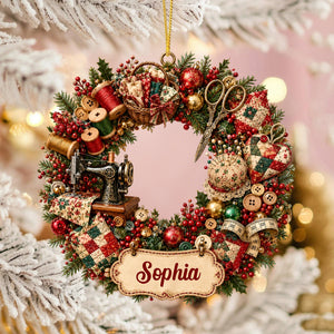 Retro Sewing Machine Personalized Wreath Ornament Gift for Sewing Lovers