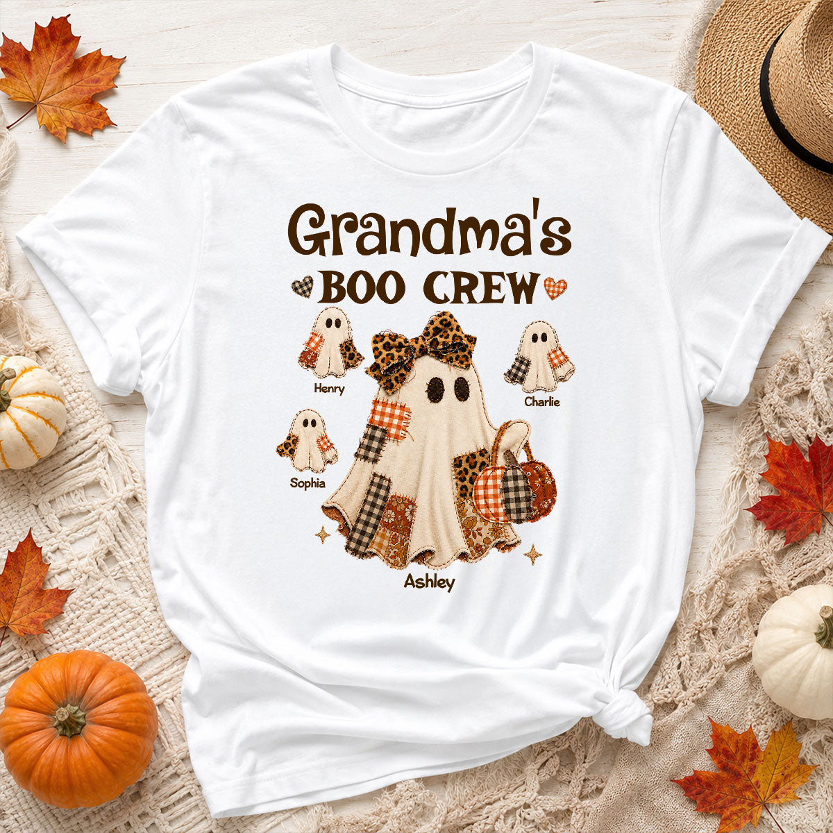 "Grandma's Fall Halloween" – Coquette Faux Patchwork Pattern Shirt | Personalized Gift For Grandma