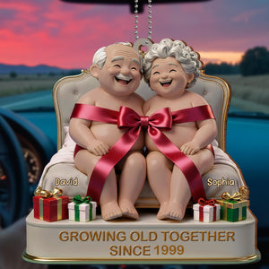 Growing Old Together, Elderly Couple With Gifts, Personalized Car Hanging Ornament