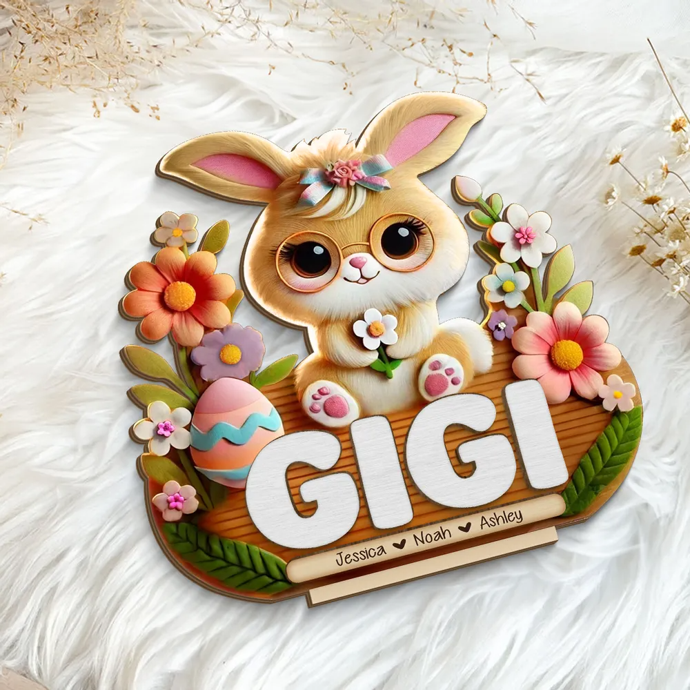 Mom Grandma's Easter Magic With Cute Bunny Engraved Standing Wooden Plaque, Heartfelt Personalized Mother's Day Gift