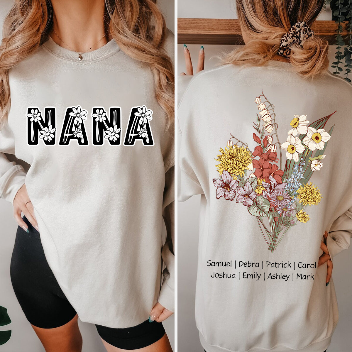 Personalized Birth Flower Family Bouquet Names Mom's Garden Sweatshirt