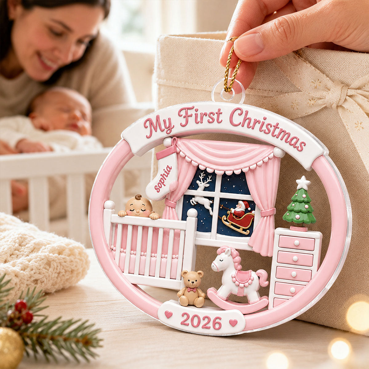 Personalized Baby's 1st Christmas 2026 Ornament – Light Pink & Blue Design | Newborn Keepsake For New Parents