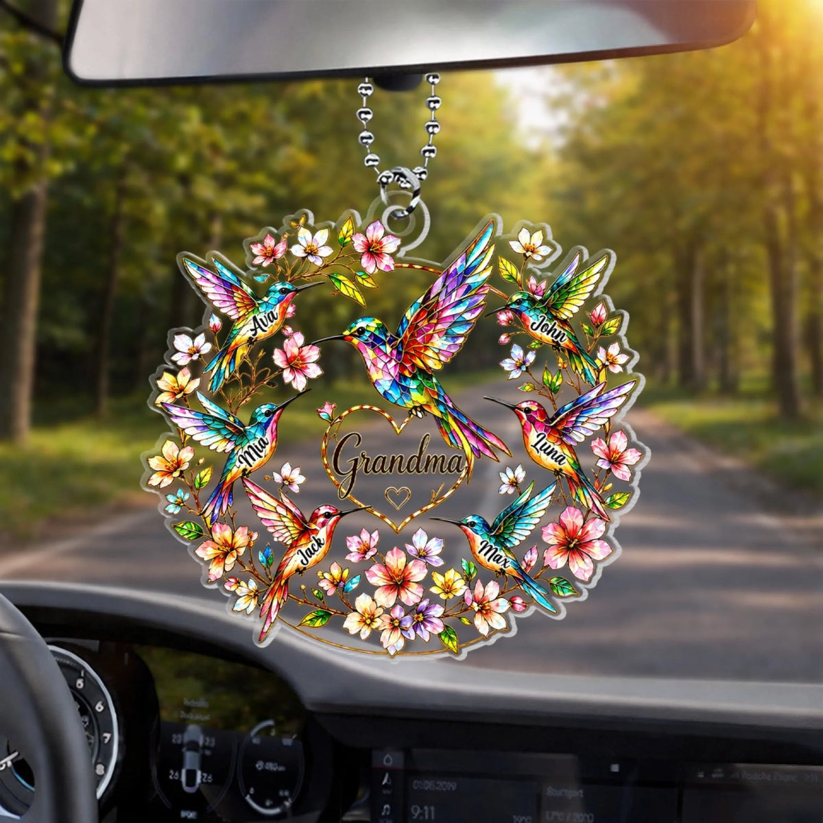 "Every Name Holds A Piece Of My Heart" – Personalized Acrylic Car Hanger | Hummingbird Grandma & Kids Family Gift