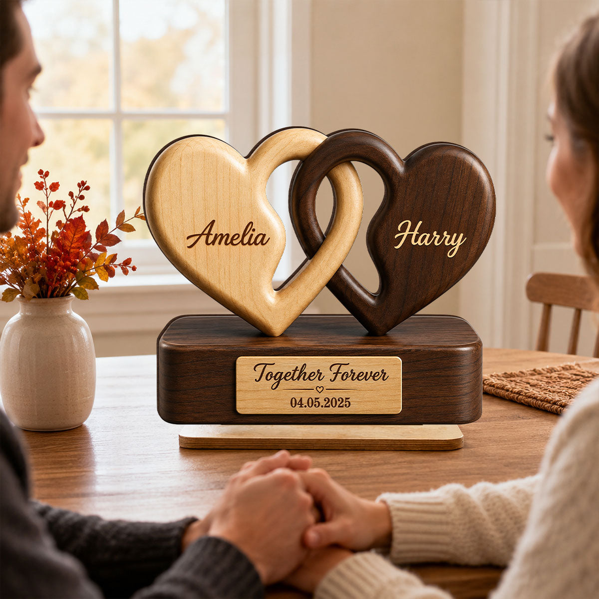 "Interlocking Hearts" Romantic Couple – Personalized Wooden Plaque | Anniversary Gift For Couples