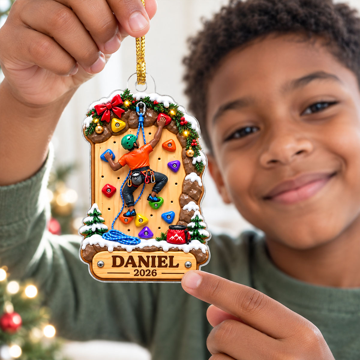 Personalized Rock Climbing Christmas Acrylic Ornament – Girl Or Boy Design | Custom Name Gift For Kids & Grandchildren