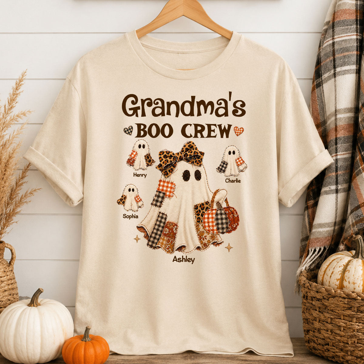 "Grandma's Fall Halloween" – Coquette Faux Patchwork Pattern Shirt | Personalized Gift For Grandma