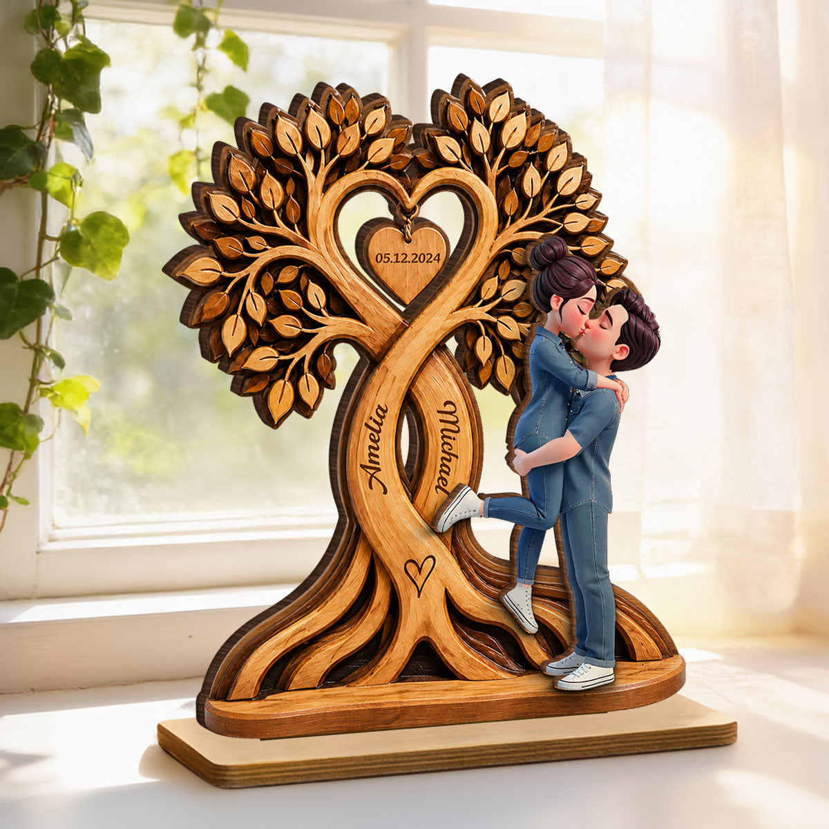 Anniversary Gift For Him & Her – Personalized "Couple Kissing Under Heart Tree"  Wooden Plaque