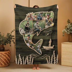 Bass Fishing Gifts, Custom Bass Fish Shape Blanket, Fishing Collage Gift for Dad