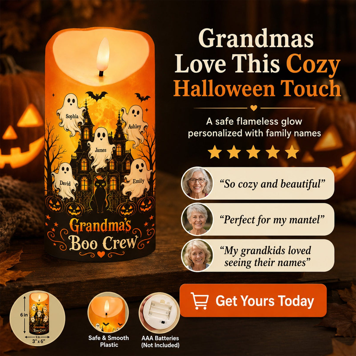 "Grandma's Little Boo Crew" Haunted House – Personalized LED Candle | Halloween Decor For Grandma
