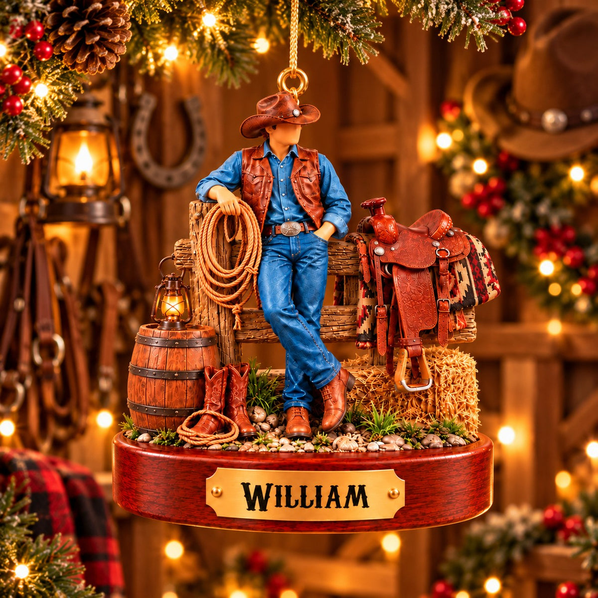 Personalized Cowboy Cowgirl Ornament, Custom Western Christmas Ornament