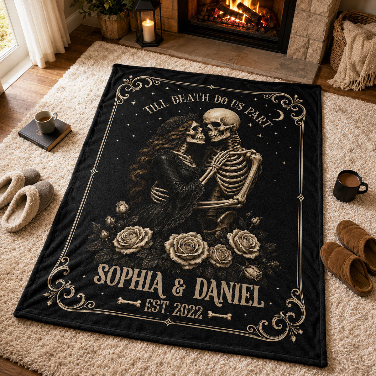 Personalized "Till Death Do Us Part" Skeleton Blanket – Spooky Goth Halloween Gift For Couples