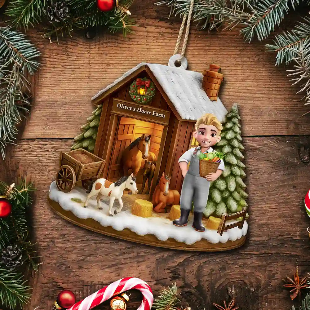 Christmas Horse Farm - Personalized Custom Shaped Wooden Ornament