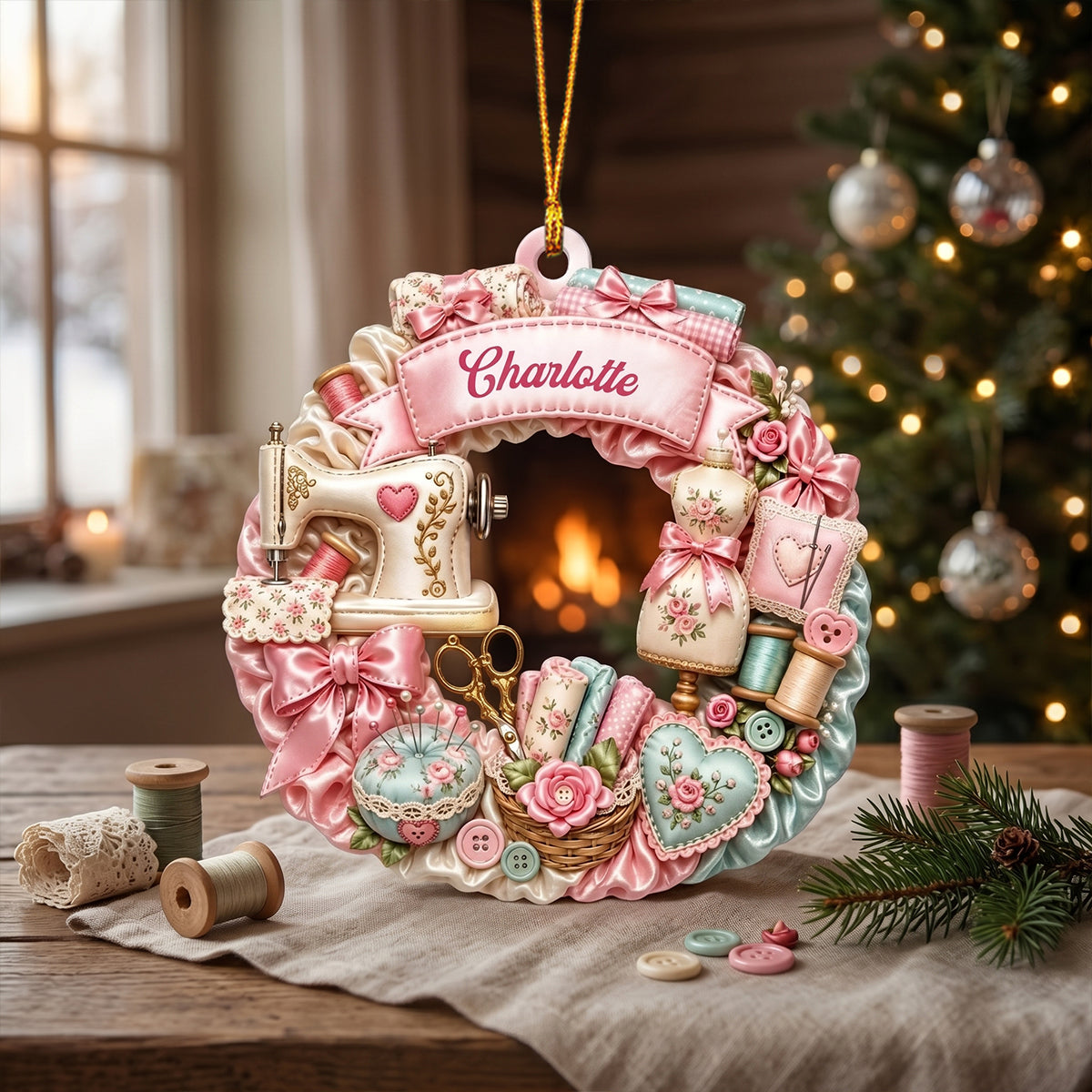 Custom Name Sewing Machine Wreath,Personalized Christmas Ornament Gift For Sewing Lovers