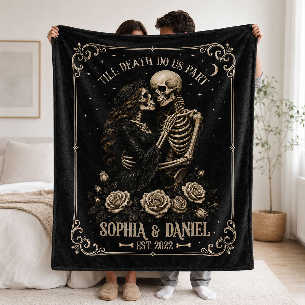 Personalized "Till Death Do Us Part" Skeleton Blanket – Spooky Goth Halloween Gift For Couples