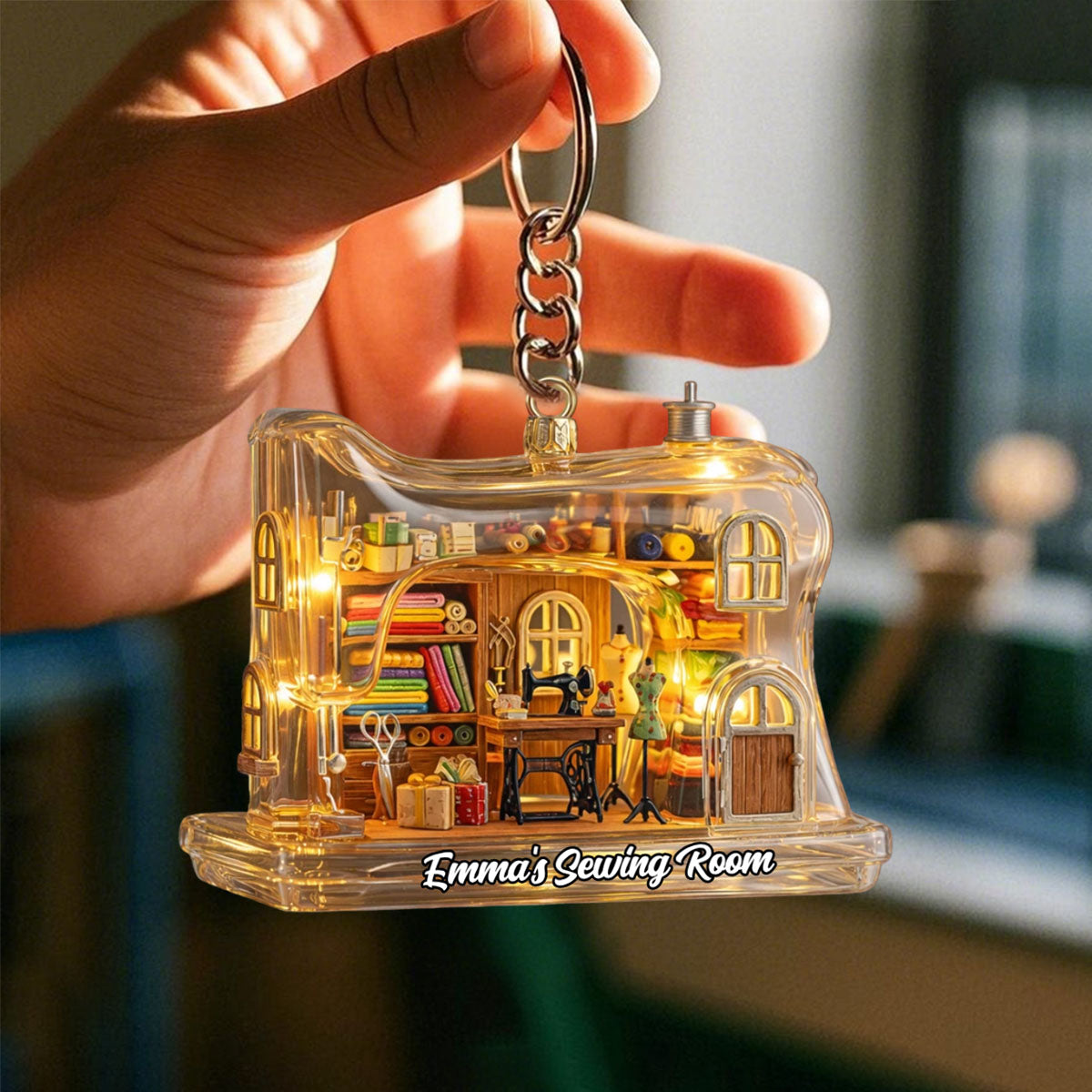 Sewing Room With Sewing Machine And Fabric, Personalized Keychain, Gift For Craft Enthusiasts