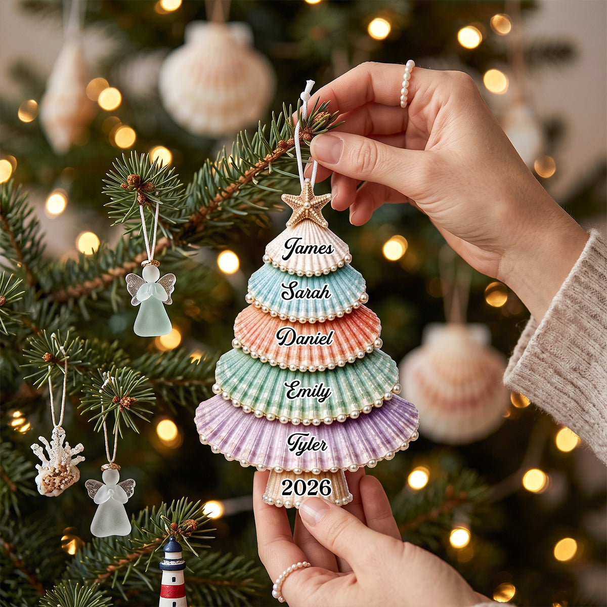 "Gathered With Grateful Hearts" – Custom Shell Acrylic Ornament | Personalized Christmas & Birthday Gift For Family