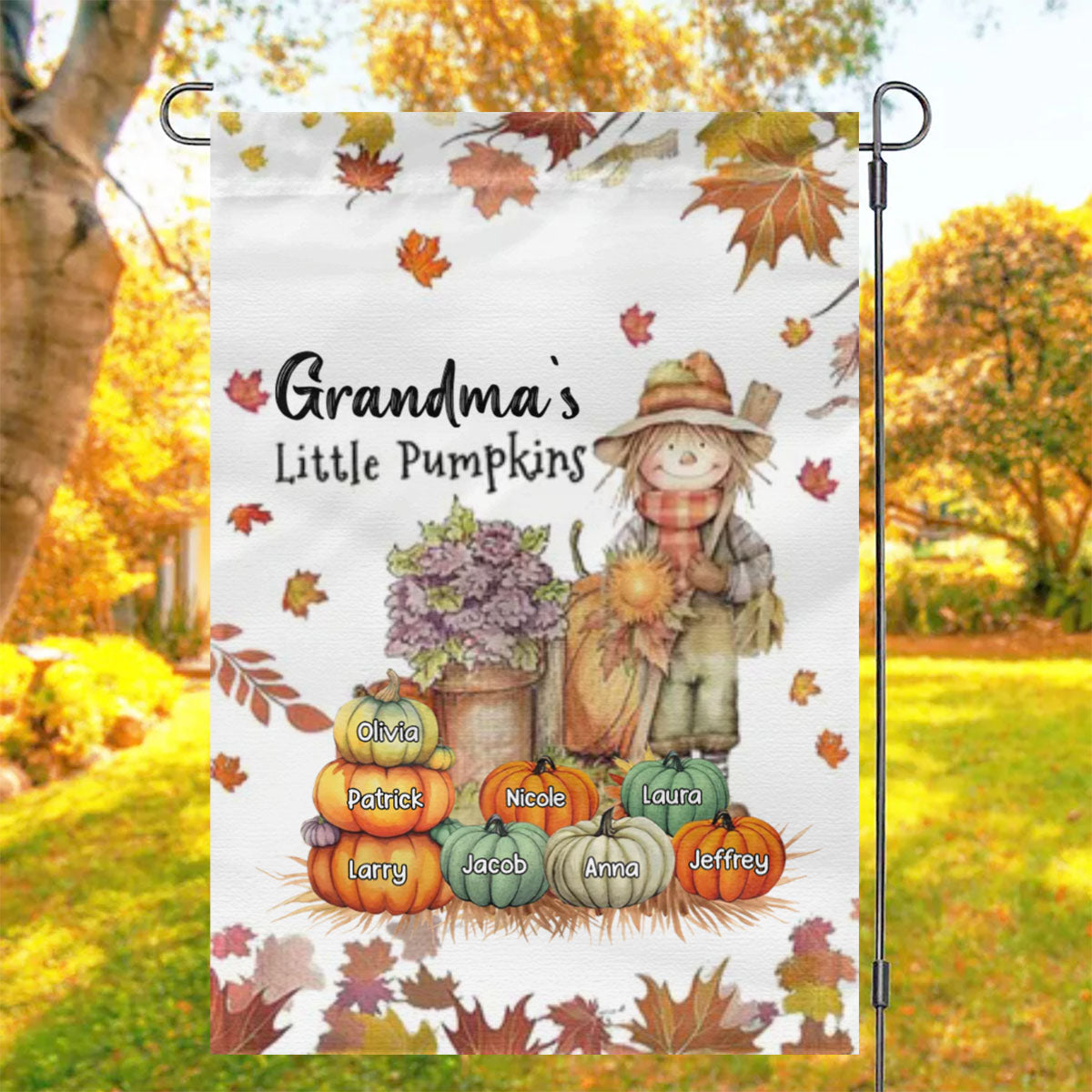 Fall Season Nana's Little Pumpkins Scarecrow Grandma Personalized Garden Flag House Flag
