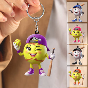 Playful Wink Baseball Softball Player Keychain - Personalized Cute Mascot Keychain
