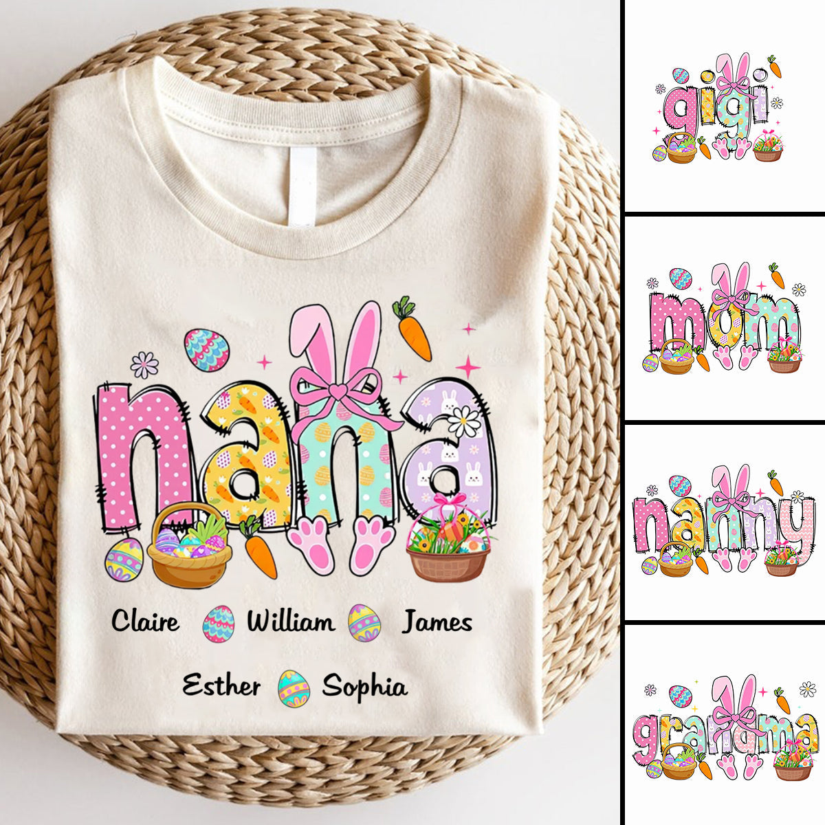 Easter Bunny Coquette Bow Gift For Family, Personalized Grandma And Kids T-Shirt