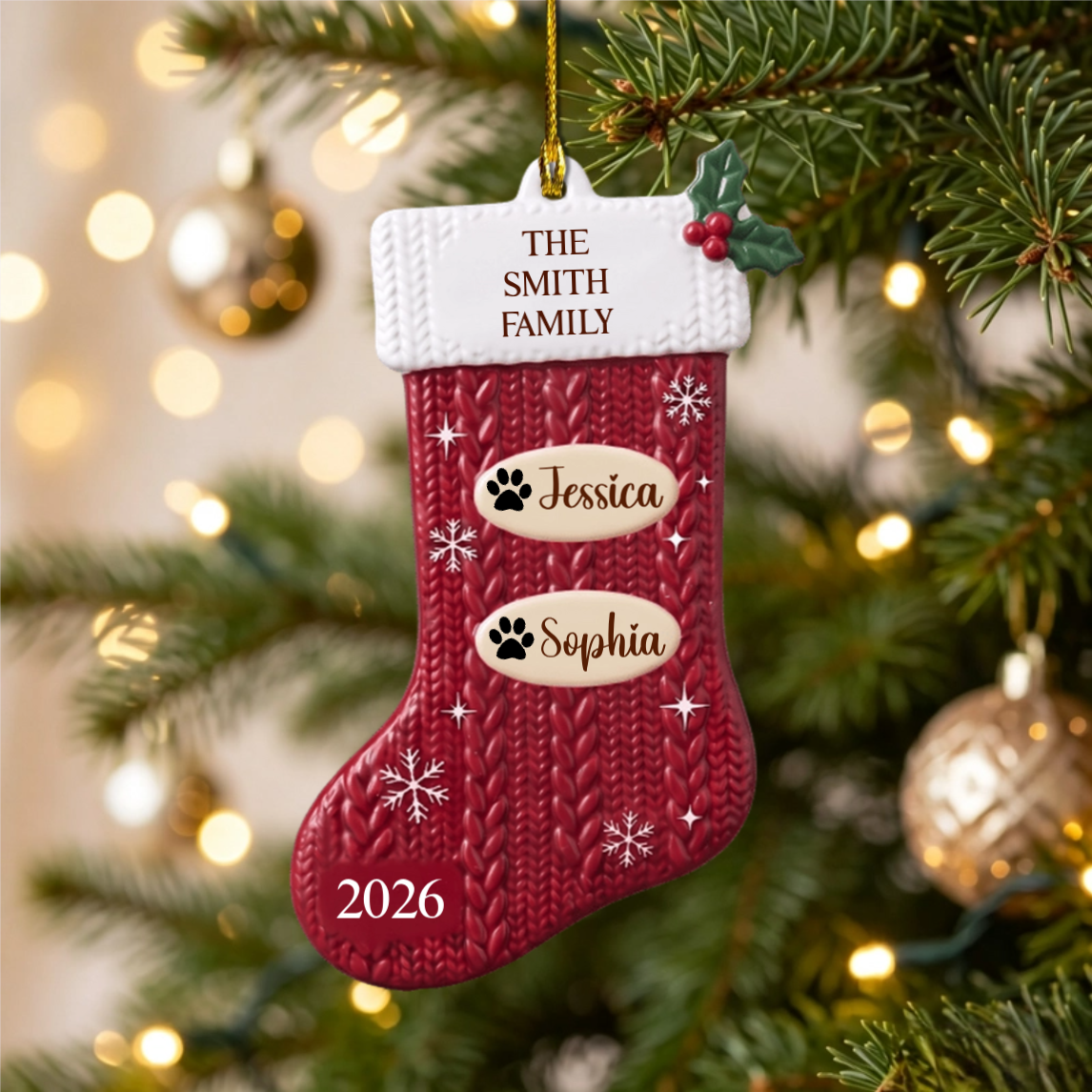Personalized Red Knit Stocking Family Ornament – Custom Family Name, Year & 10 Names | Acrylic Custom Shape Keepsake