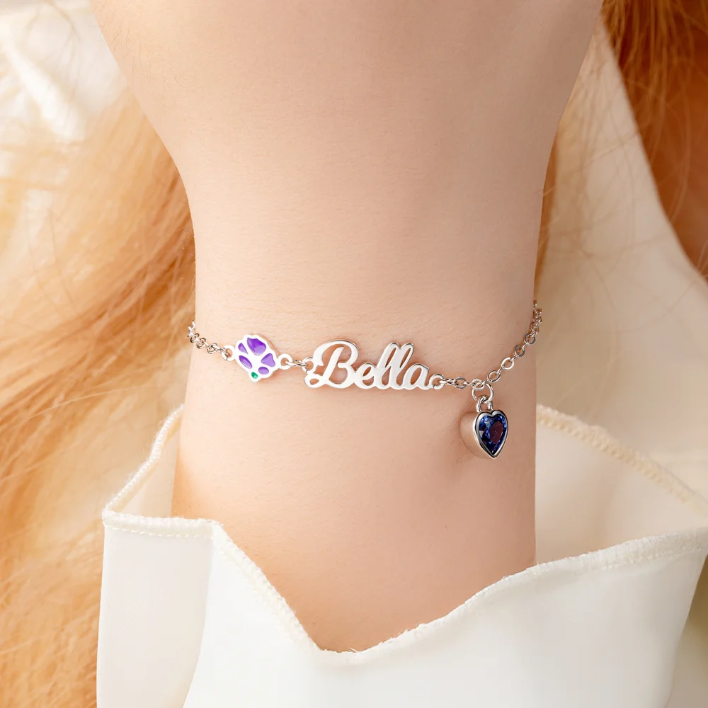 Personalized Heart Birthstone Birth Flower Bracelet with Name