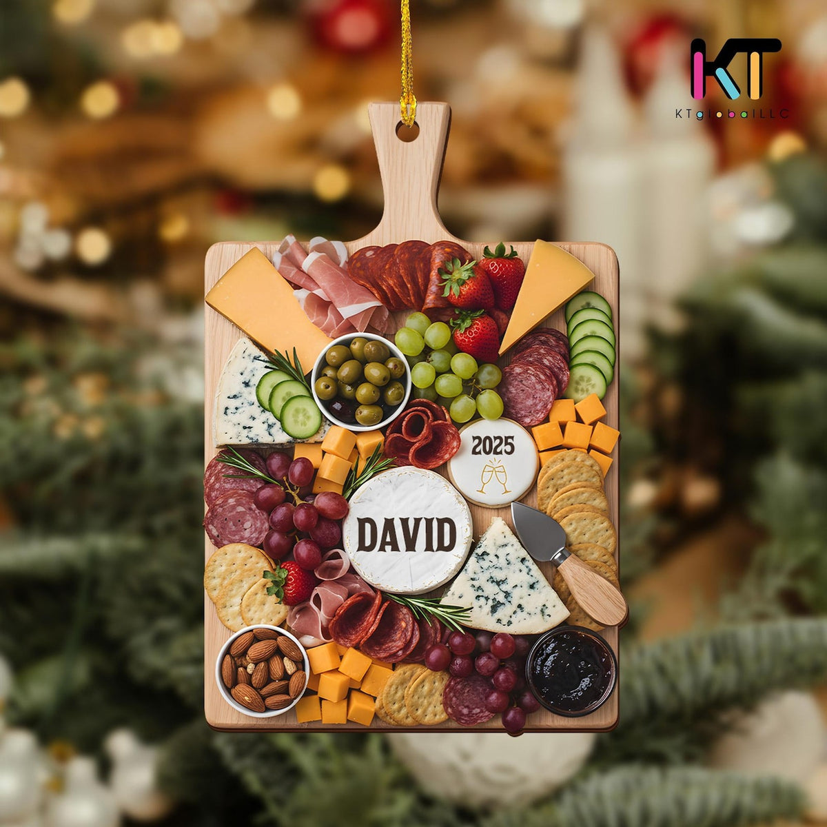 Personalized Name Charcuterie Ornament - Cheese & Wine Christmas Keepsake, Kitchen Lover Gift