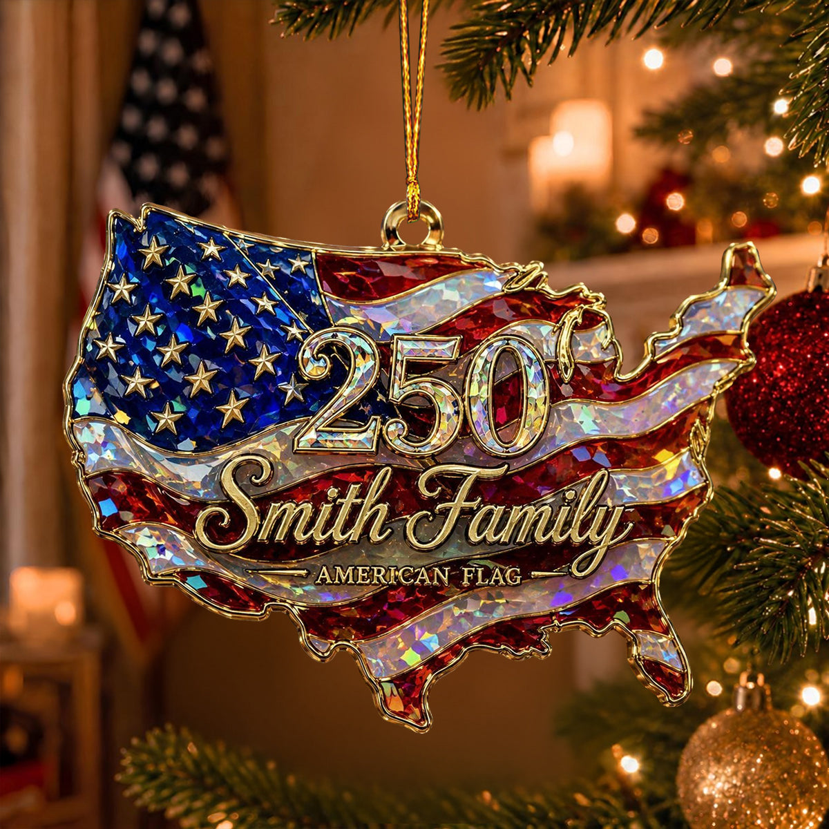 Personalized USA 250 Shape Acrylic Ornament, American Flag Hologram Ornament