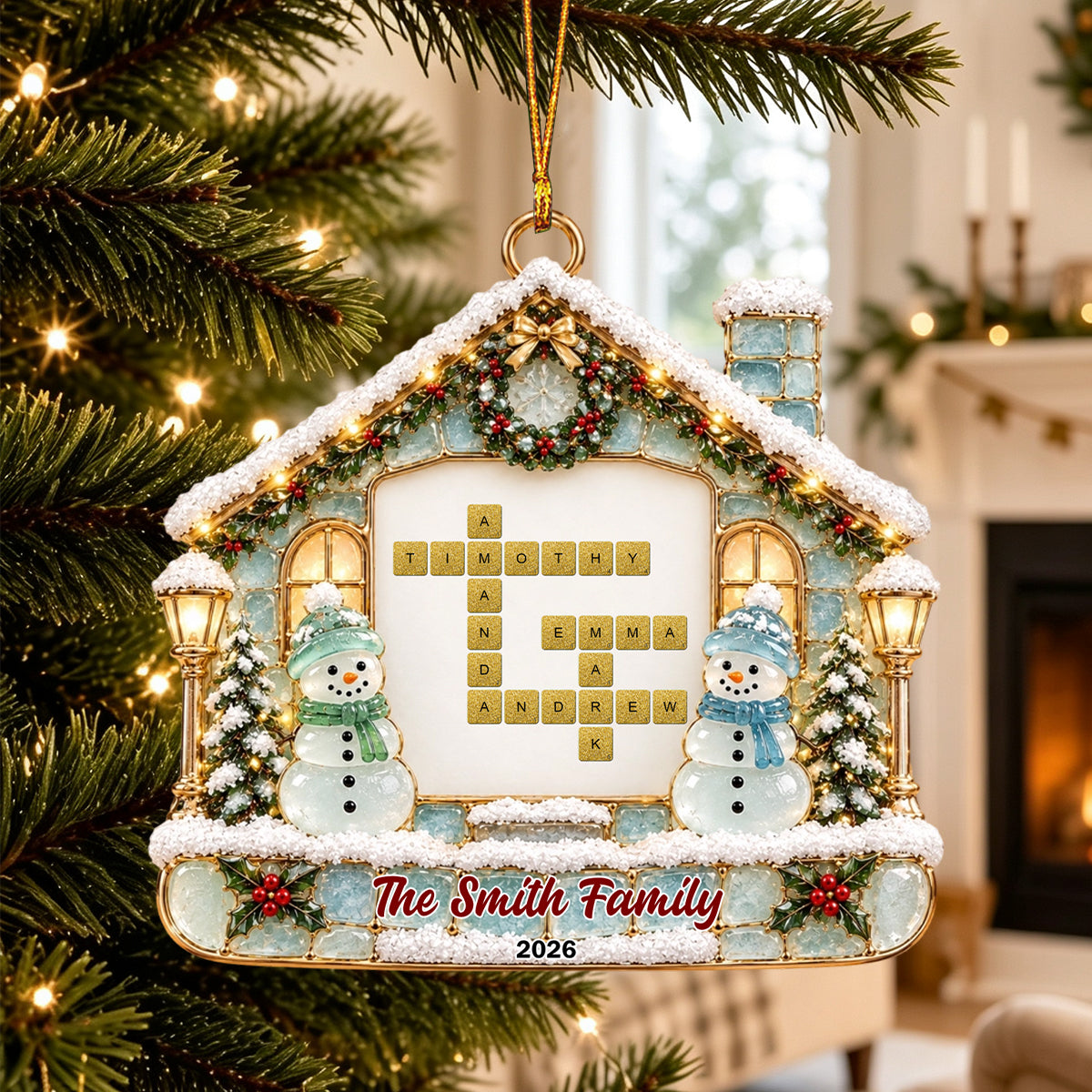 Snowman Family Name Crossword Sea Glass Personalized Christmas Ornament