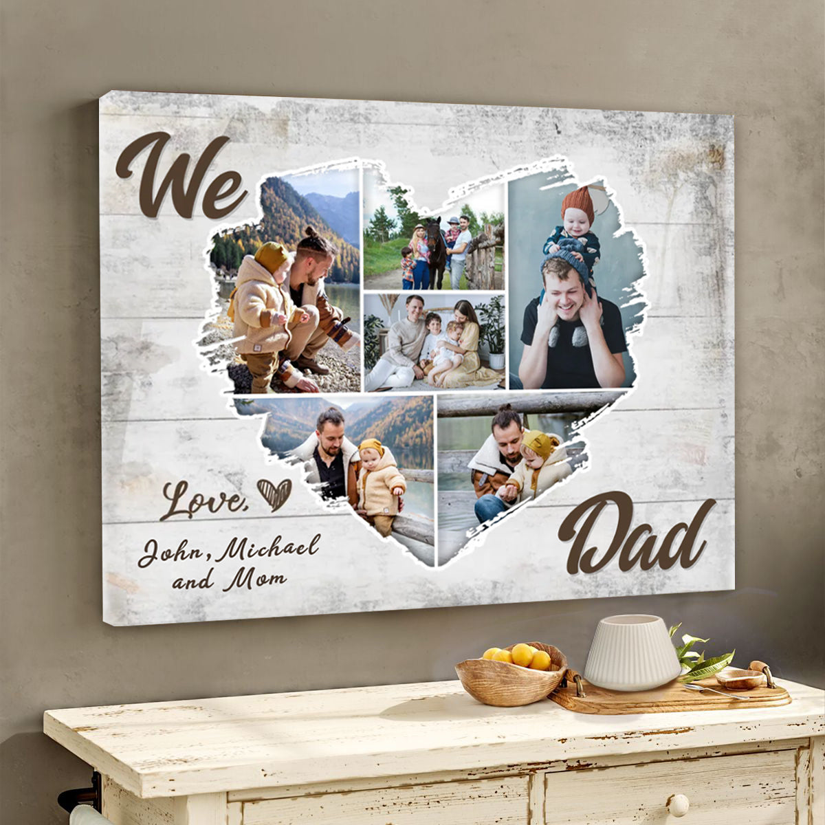 We Love Dad Custom Heart Photo Collage Canvas Poster,Personalized Father’s Day Gift for Dad Papa