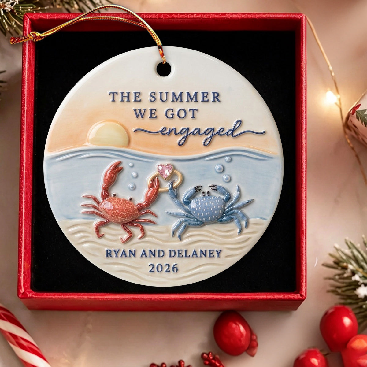 Personalized "The Summer We Got Engaged" Crab Ceramic Ornament – Custom Couple Names & Year | Beach Sunset Keepsake For Newly Engaged Couples