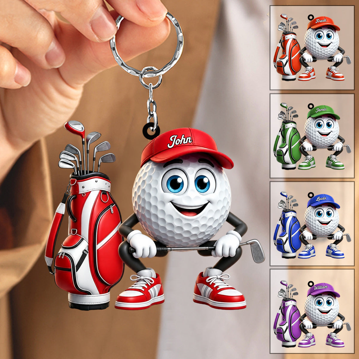 Squatting Personalized Cute Golf Ball Mascot Keychain Gift For Golf Lovers