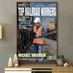 Personalized Railroad Worker Magazine Cover Canvas – Custom Name & Photo Recognition Gift | Railroad Employee Appreciation Keepsake