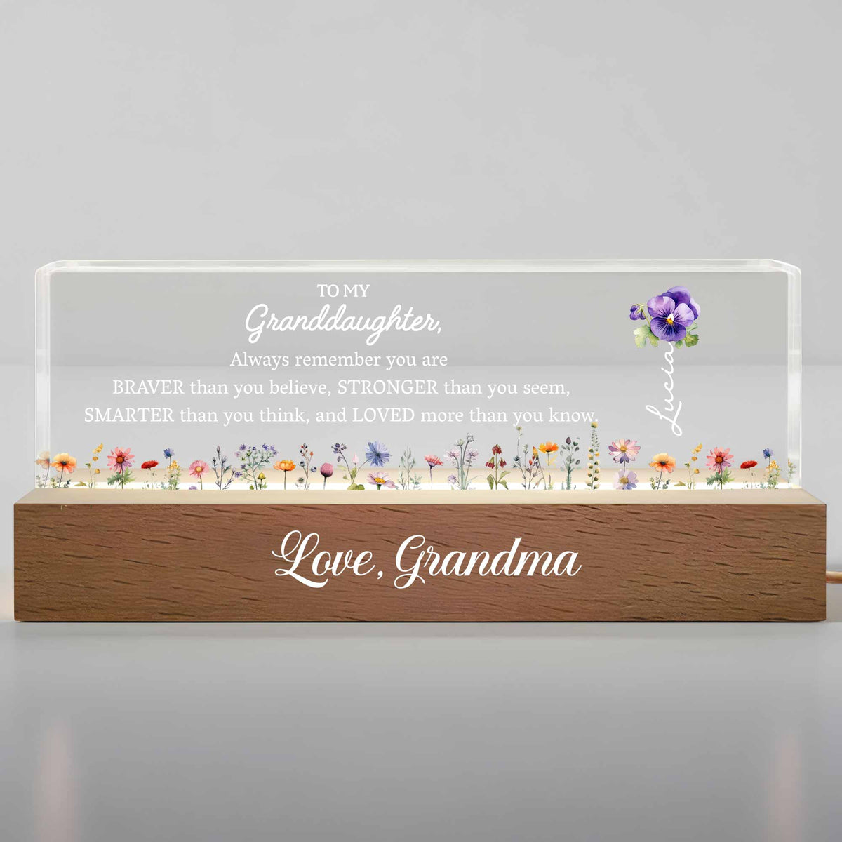 To My Granddaughter Always Remember You Are Braver Flowers, Personalized LED Night Light With Wooden Base, Gift For Granddaughters