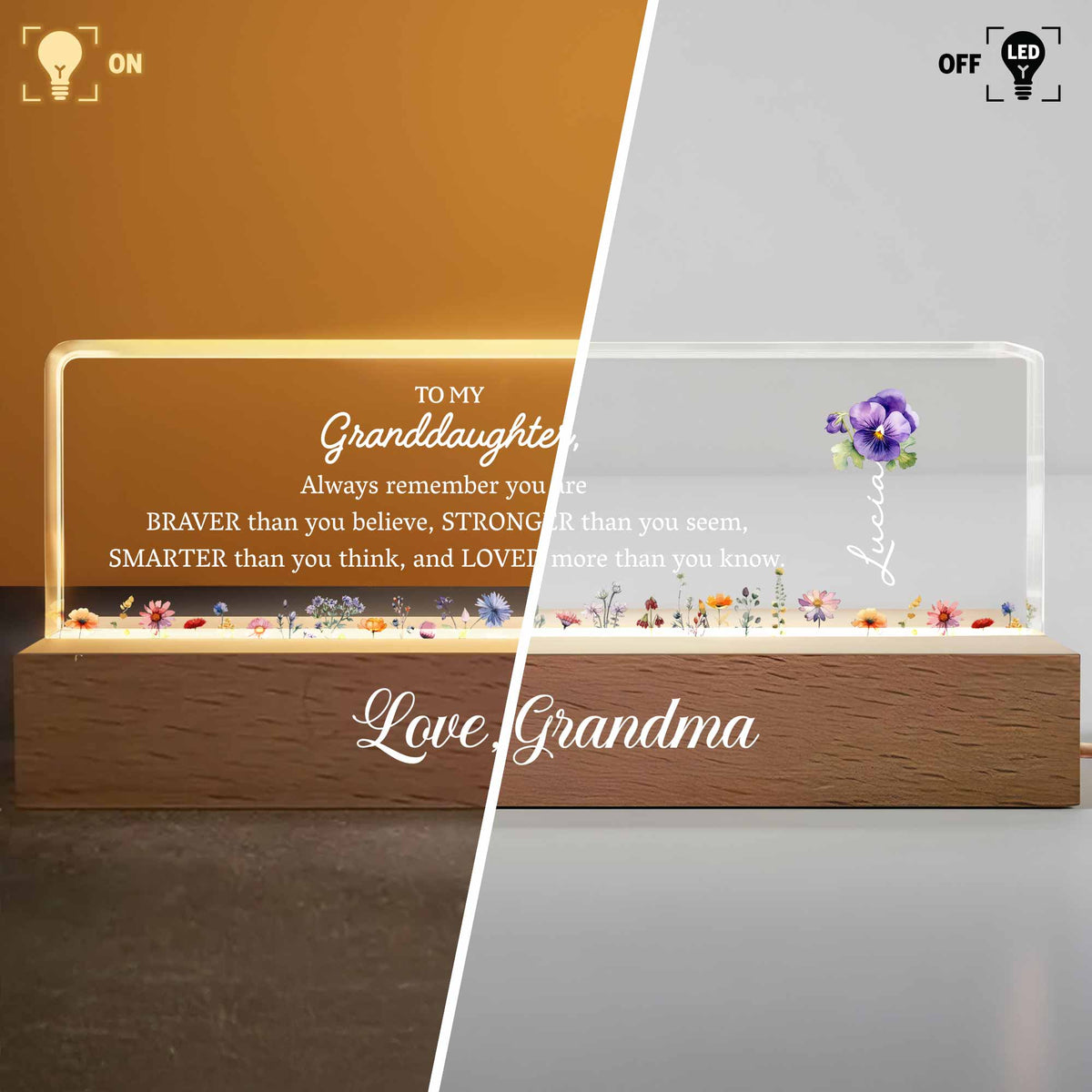 To My Granddaughter Always Remember You Are Braver Flowers, Personalized LED Night Light With Wooden Base, Gift For Granddaughters