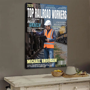 Personalized Railroad Worker Magazine Cover Canvas – Custom Name & Photo Recognition Gift | Railroad Employee Appreciation Keepsake