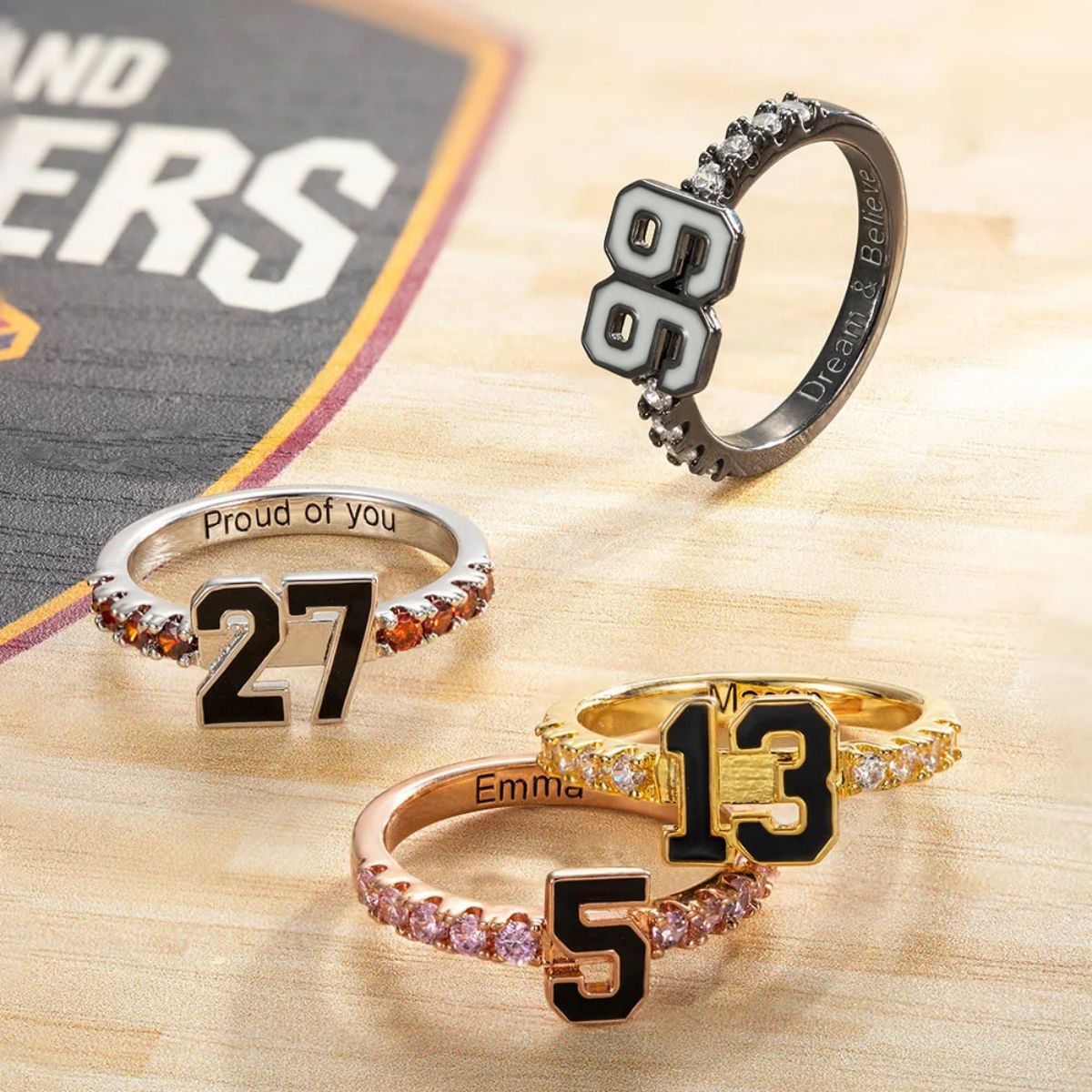 Personalized Sports Team Number Birthstone Ring with Custom Engraving Text - Basketball Baseball Mom Ring