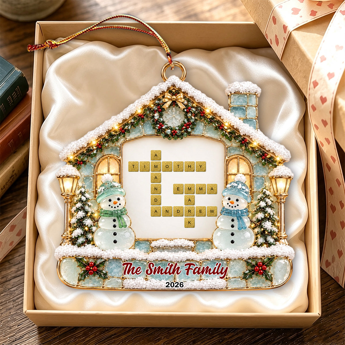 Snowman Family Name Crossword Sea Glass Personalized Christmas Ornament
