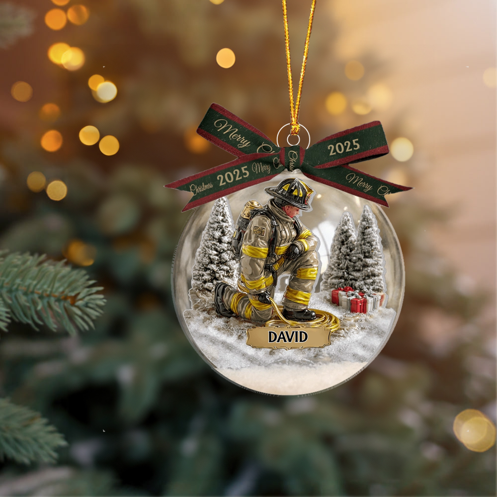Our Hero Firefighter - Personalized Firefighter Snow Globe Ornament With Bow