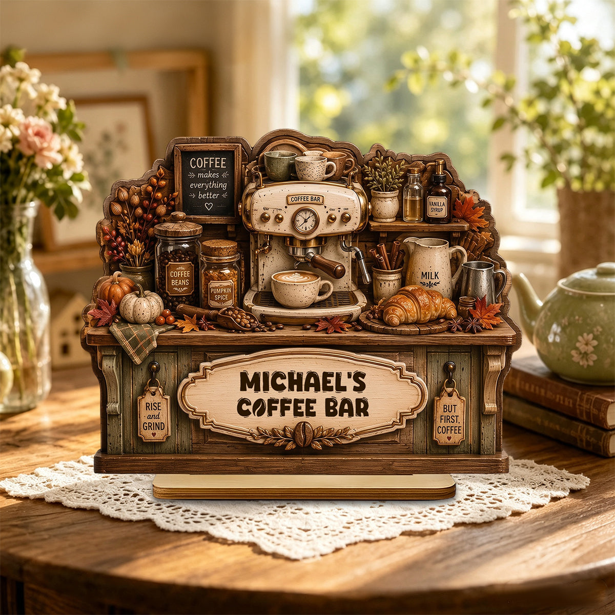 Personalized Fall Coffee Bar — Counter Shape Wooden Plaque