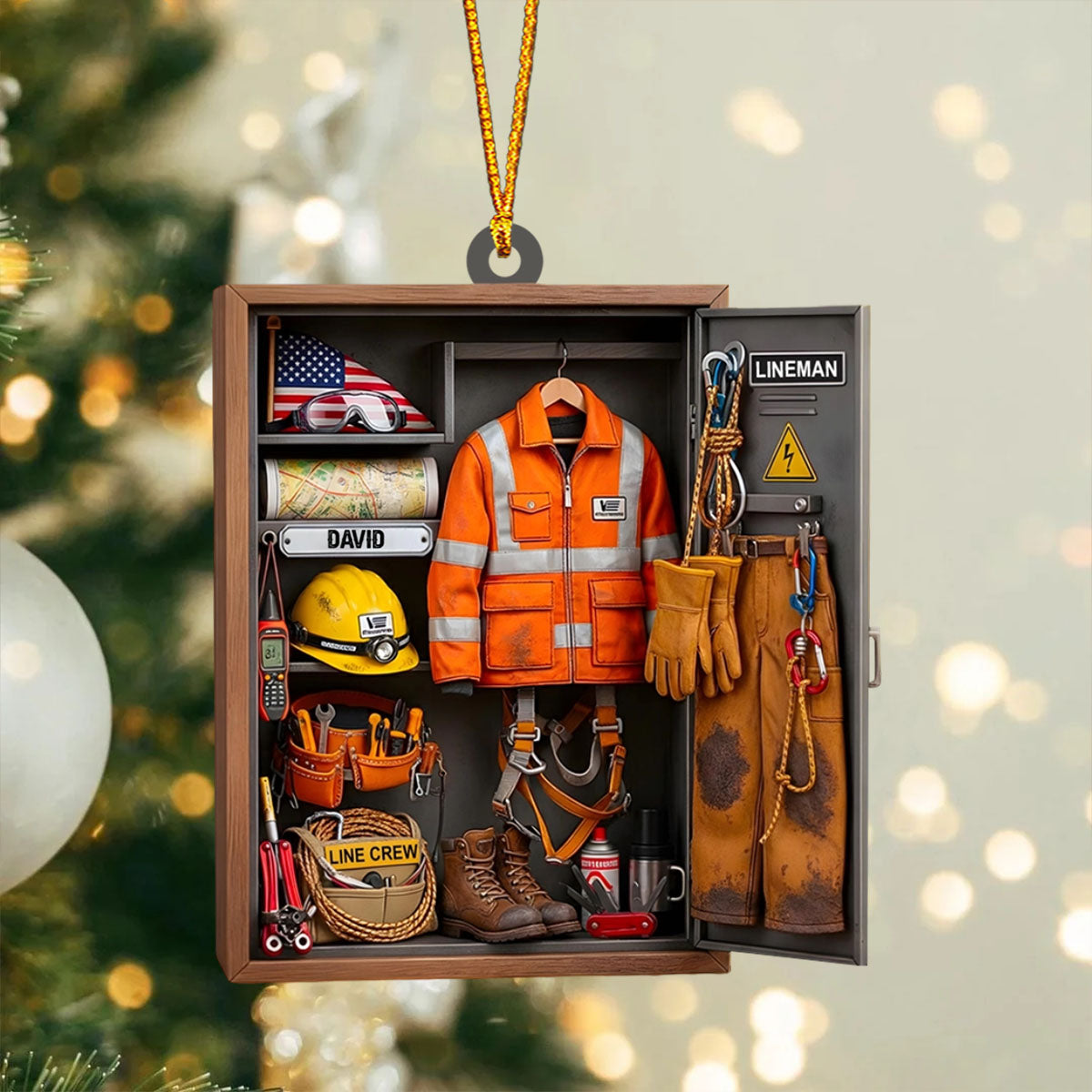 Customize This Unique Lineman Tribute Featuring Jacket And Tools, Personalized Custom Wood Ornament, Gift For Linemen And Utility Workers