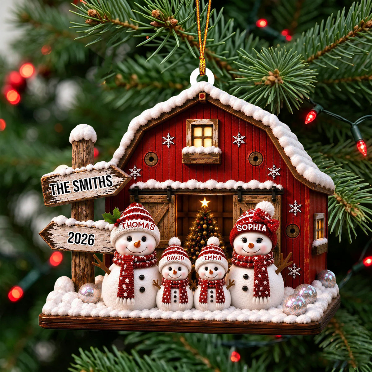 "Our Family Snowman – Red Barn" – Personalized Acrylic Hanging Ornament | Gift For Family