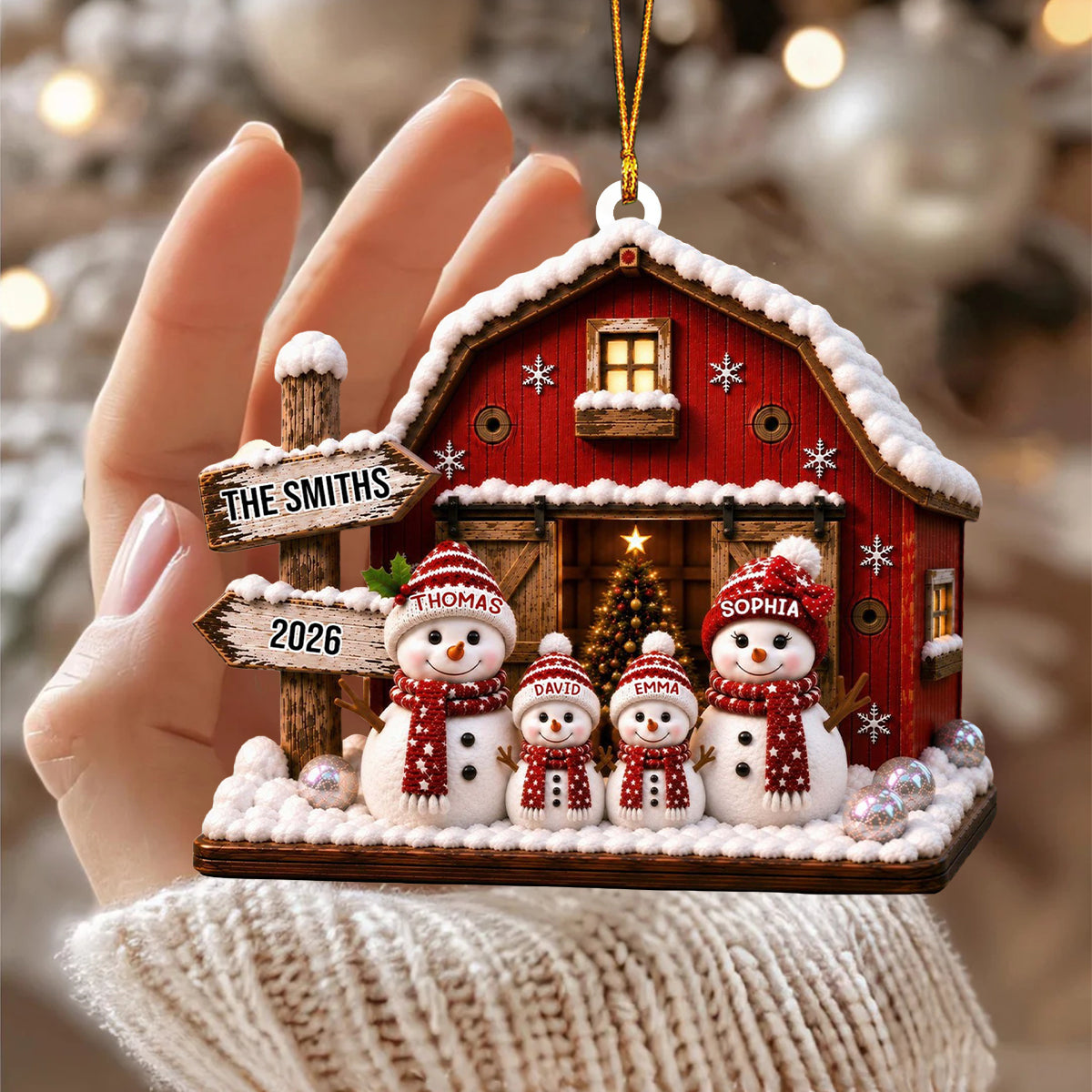 "Our Family Snowman – Red Barn" – Personalized Acrylic Hanging Ornament | Gift For Family