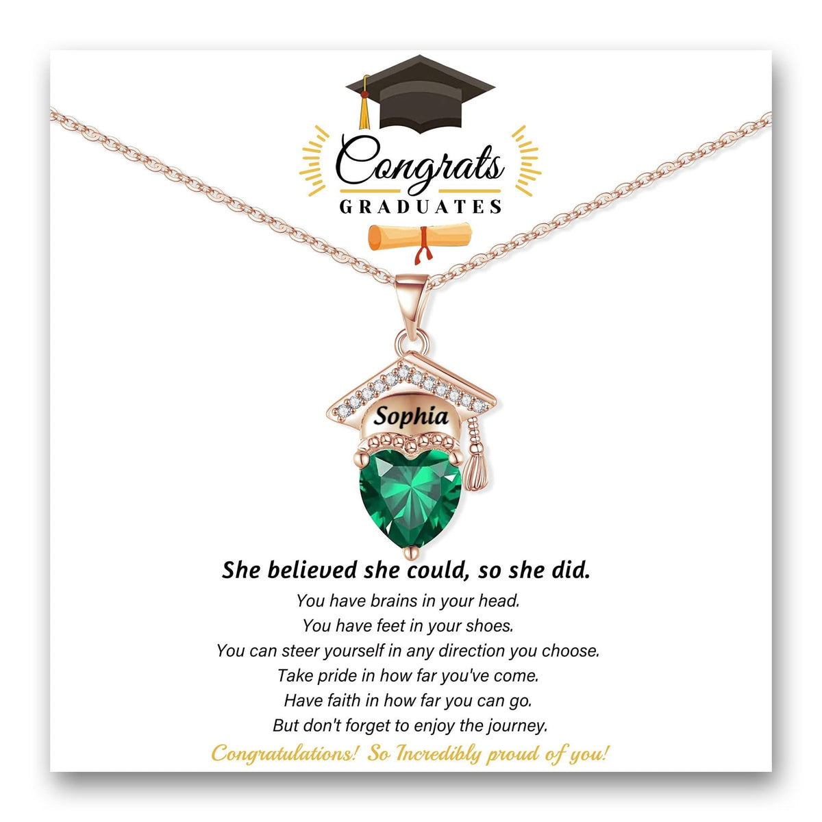 Engraved Name Personalized Bachelor Hat Heart Shaped Birthstone Graduation Necklace